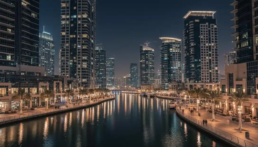 Business Bay Dubai canal district at night