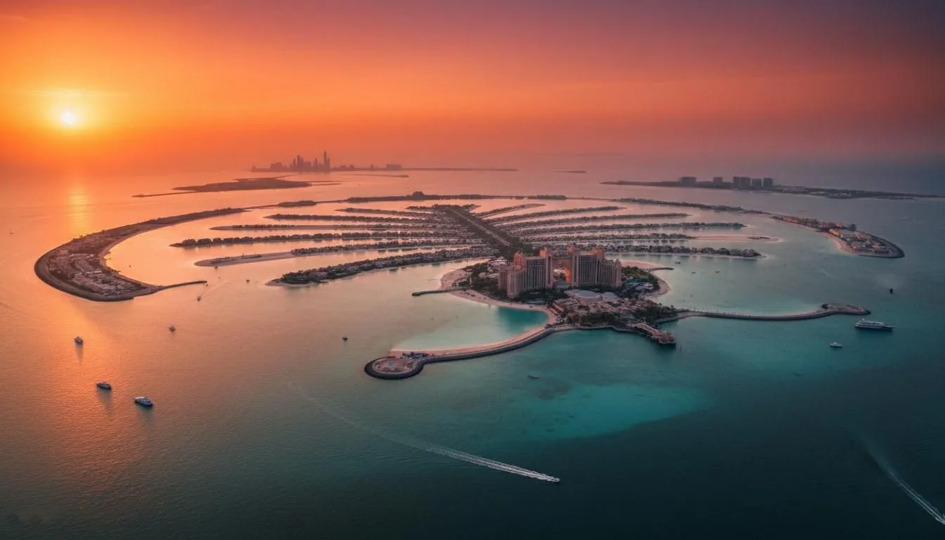 Palm Jumeirah aerial view at sunset